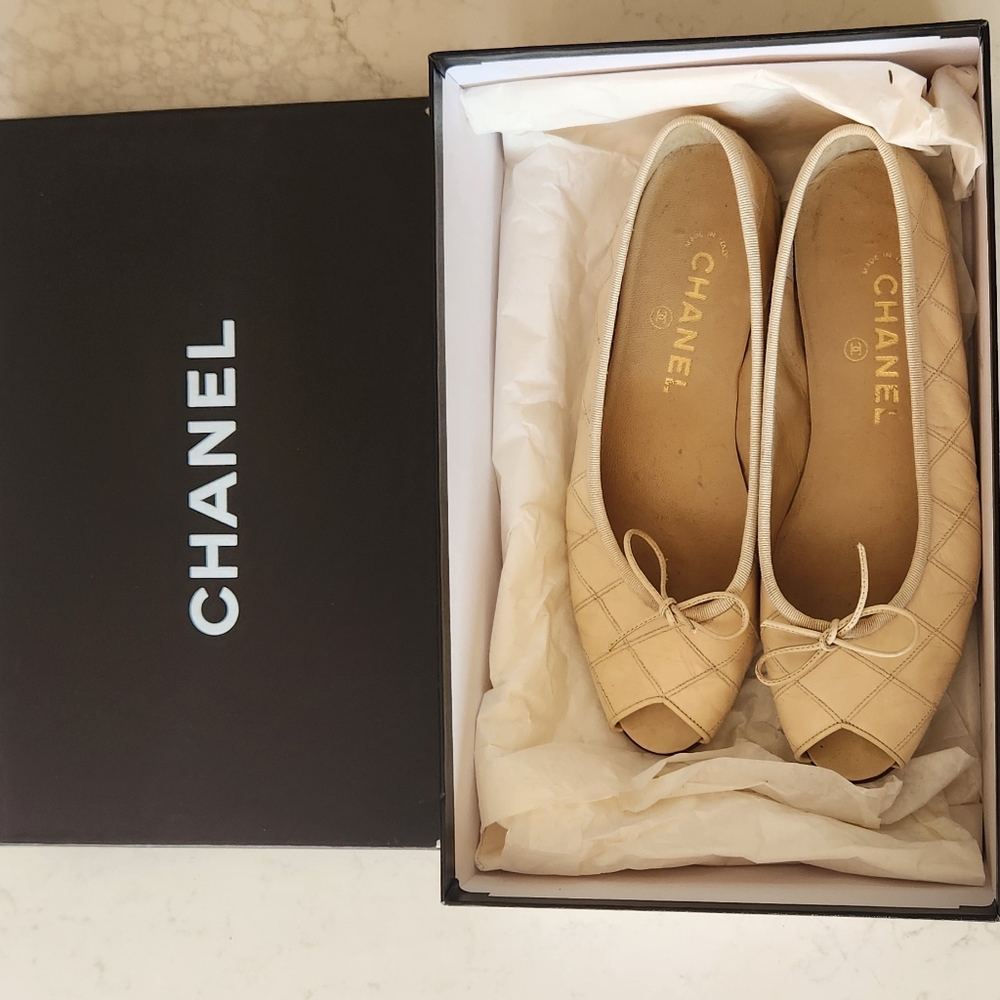 Chanel Beige Peep-Toe Ballet Flats